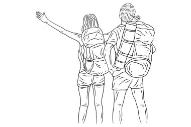 Happy Couple Adventure Explore Trip Mountain Climber Camping Romance Journey Sport Line Art Hand Drawn
