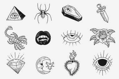 Set Collection Mystical Celestial Dark Holy Simple Minimalism Tattoo Clipart Symbol space doodle Esoteric elements vintage illustration