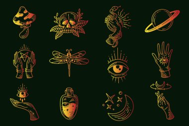 Gizemli gökyüzü simgesi uzay esrarengiz sihirli elementlerin klasik illüstrasyonunu ayarla