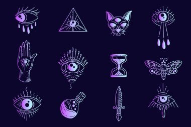 Gizemli gökyüzü simgesi uzay esrarengiz sihirli elementlerin klasik illüstrasyonunu ayarla