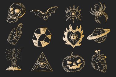 Set Collection Mystical Celestial Simple Minimalism Tattoo Clipart Symbol space doodle Esoteric elements vintage illustration