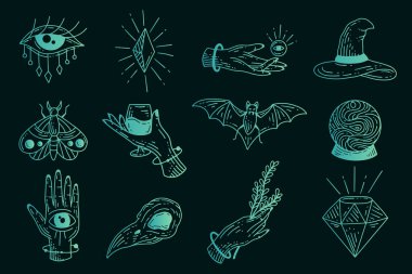 Koleksiyonu Ayarla Mistik Göksel Basit Minimalizm Dövmesi Clipart Uzayı Esoterik elementleri çizer Vintage illüstrasyonunu