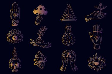 Koleksiyonu Ayarla Mistik Göksel Basit Minimalizm Dövmesi Clipart Uzayı Esoterik elementleri çizer Vintage illüstrasyonunu