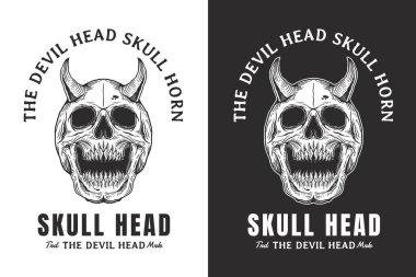 Kafatası Şeytanı Boynuzu Başı Çizilmiş Taslak Sembol Dövmesi Ticari Tişört Tişörtü Vintage