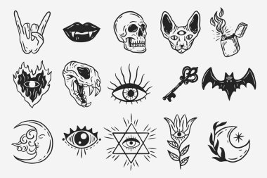 Set Collection Mystical Celestial Dark Holy Simple Minimalism Tattoo Clipart Symbol space doodle Esoteric elements vintage illustration
