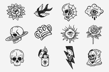 Set Collection Mystical Celestial Dark Holy Simple Minimalism Tattoo Clipart Symbol space doodle Esoteric elements vintage illustration