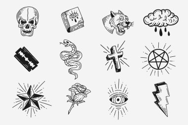 Set Collection Mystical Celestial Dark Holy Simple Minimalism Tattoo Clipart Symbol space doodle Esoteric elements vintage illustration