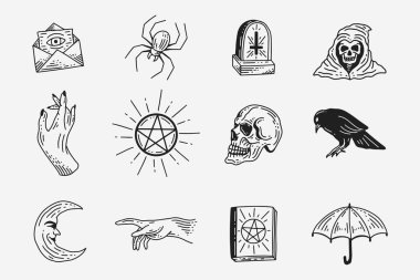 Set Collection Mystical Celestial Dark Holy Simple Minimalism Tattoo Clipart Symbol space doodle Esoteric elements vintage illustration
