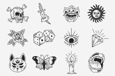 Set Collection Mystical Celestial Dark Holy Simple Minimalism Tattoo Clipart Symbol space doodle Esoteric elements vintage illustration