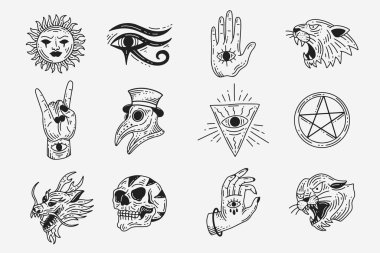 Set Collection Mystical Celestial Dark Holy Simple Minimalism Tattoo Clipart Symbol space doodle Esoteric elements vintage illustration