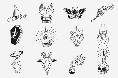 Set Collection Mystical Celestial Dark Holy Simple Minimalism Tattoo Clipart Symbol space doodle Esoteric elements vintage illustration