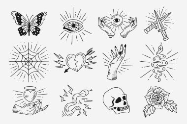 Set Collection Mystical Celestial Dark Holy Simple Minimalism Tattoo Clipart Symbol space doodle Esoteric elements vintage illustration