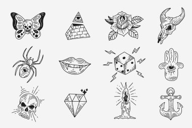 Set Collection Mystical Celestial Dark Holy Simple Minimalism Tattoo Clipart Symbol space doodle Esoteric elements vintage illustration