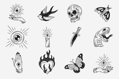 Set Collection Mystical Celestial Dark Holy Simple Minimalism Tattoo Clipart Symbol space doodle Esoteric elements vintage illustration
