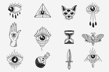 Set Collection Mystical Celestial Dark Holy Simple Minimalism Tattoo Clipart Symbol space doodle Esoteric elements vintage illustration