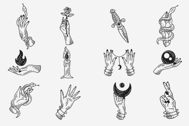Set Collection Mystical Celestial Dark Holy Simple Minimalism Tattoo Clipart Symbol space doodle Esoteric elements vintage illustration