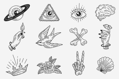 Set Collection Mystical Celestial Dark Holy Simple Minimalism Tattoo Clipart Symbol space doodle Esoteric elements vintage illustration