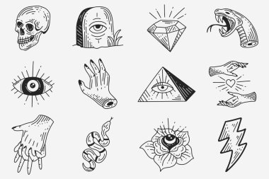 Set Collection Mystical Celestial Dark Holy Simple Minimalism Tattoo Clipart Symbol space doodle Esoteric elements vintage illustration