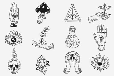 Set Collection Mystical Celestial Clipart Symbol space doodle Esoteric elements vintage illustration