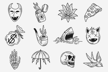 Koleksiyon Mistik Göksel Clipart Sembol uzayını Esoterik elementlerin klasik illüstrasyonunu karala