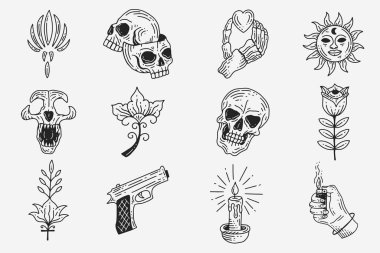 Koleksiyon Mistik Göksel Clipart Sembol uzayını Esoterik elementlerin klasik illüstrasyonunu karala