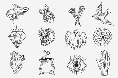Set Collection Mystical Celestial Clipart Symbol space doodle Esoteric elements vintage illustration