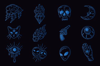 Koleksiyon Mistik Göksel Clipart Sembol uzayını Esoterik elementlerin klasik illüstrasyonunu karala