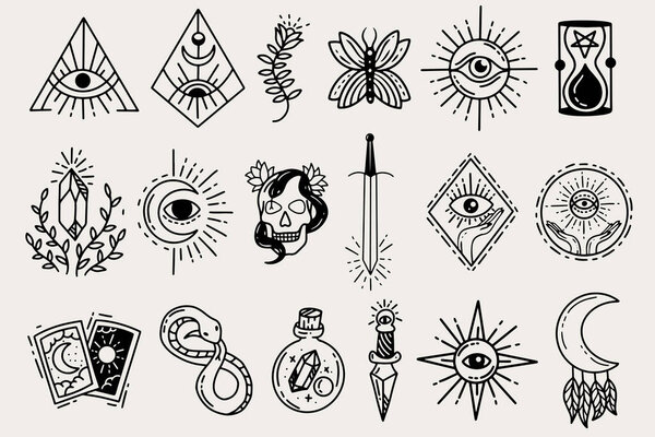 Set Collection Mystical Celestial Clipart Symbol space doodle Esoteric elements vintage illustration