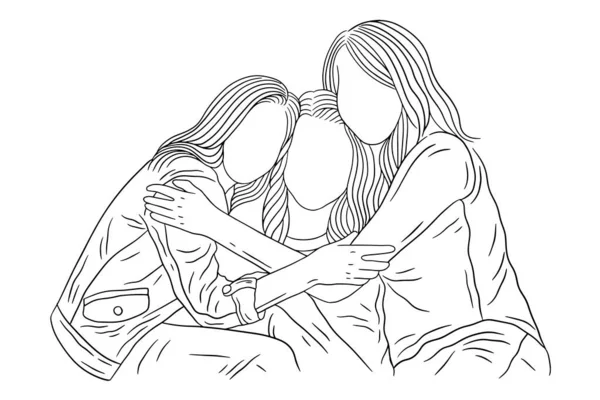 Happy Women Group Girl Best Friend Love Line Art Hand — Image vectorielle