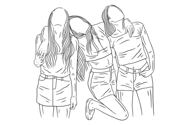 Happy Women Group Girl Best Friend Love Line Art Hand — ストックベクタ