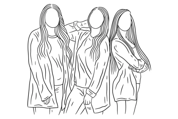 Happy Women Group Girl Best Friend Love Line Art Hand — стоковый вектор