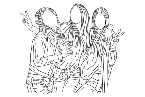 Happy Women Group Girl Best Friend Love Line Art Hand — Stock vektor