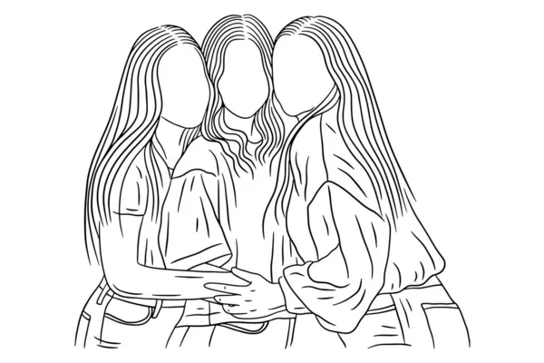 Happy Women Group Girl Best Friend Love Line Art Hand — Stock vektor