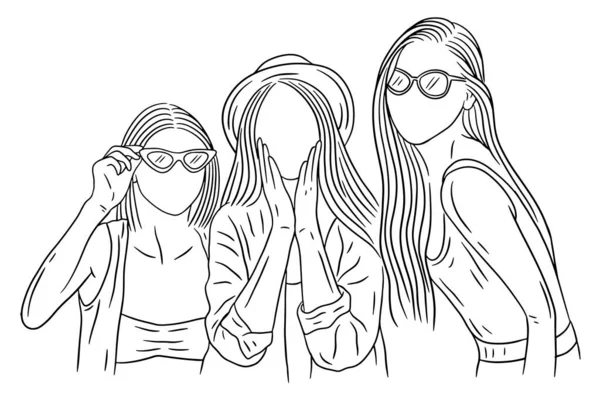 Happy Women Group Girl Best Friend Love Line Art Hand — Stok Vektör