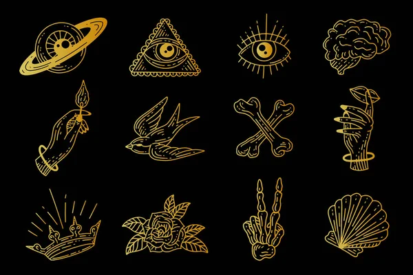 Zestaw Kolekcja Mystical Celestial Simple Minimalizm Tatuaż Clipart Symbol Przestrzeń — Wektor stockowy