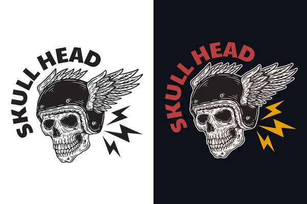 Set Skull Rider Helmet Wing Dark Illustration Skull Bones Head — Stock Vector