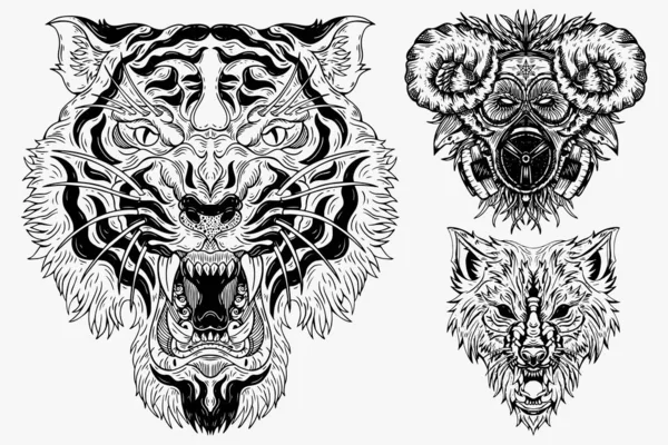 Set Dark Illustration Beast Tiger Wolf Goat Head Bones Hand — 스톡 벡터