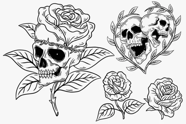 Set Dark Illustration Skull Head Bones Rose Hand Drawn Hatching — 스톡 벡터