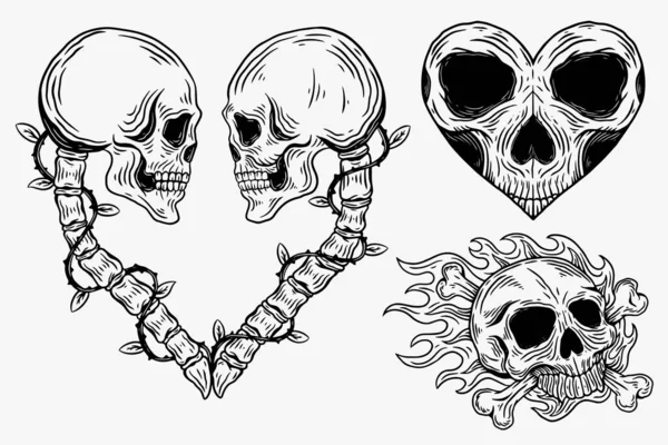 Set Dark Illustration Skull Head Bones Hand Drawn Hatching Outline — Vetor de Stock