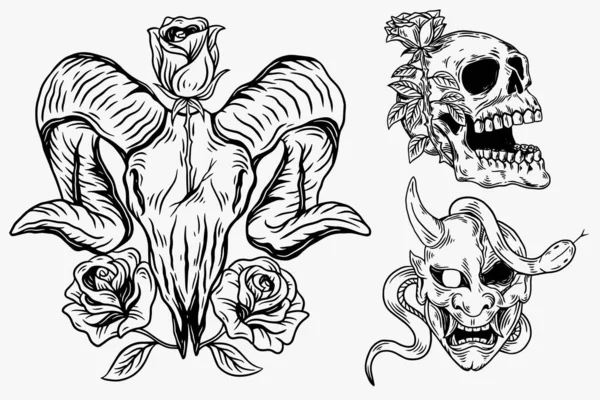 Set Dark Illustration Skull Head Bones Rose Hand Drawn Hatching — Stok Vektör