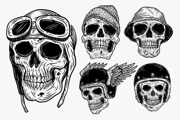 Set Dark Illustration Skull Head Bones Hat Helmet Hand Drawn — Stok Vektör