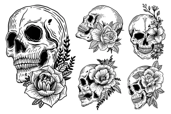 Bundle Set Skull Rose Dark Illustration Devil Demon Horror Skull — Stockvektor