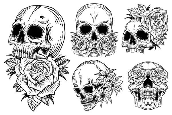 Bundle Set Skull Rose Dark Illustration Devil Demon Horror Skull — Stock vektor