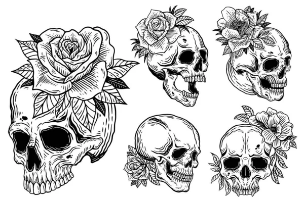 Bundle Set Skull Rose Dark Illustration Devil Demon Horror Skull — Stockvektor