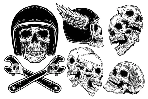 Bundle Set Skull Helmet Rider Road Fast Dark Illustration Devil — Stok Vektör