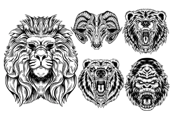 Set Animal Lion Bear Goat Kong Beast Dark Art Hand — Vetor de Stock