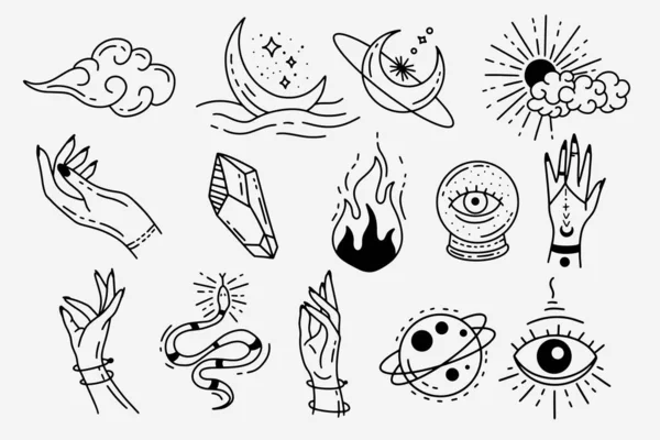 Set Collection Mystical Celestial Dark Holy Simple Minimalism Tattoo Clipart — 图库矢量图片