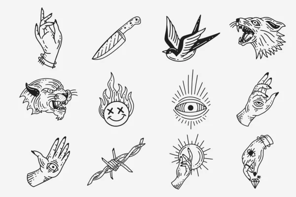 Set Collection Mystical Celestial Dark Holy Simple Minimalism Tattoo Clipart — Stock Vector