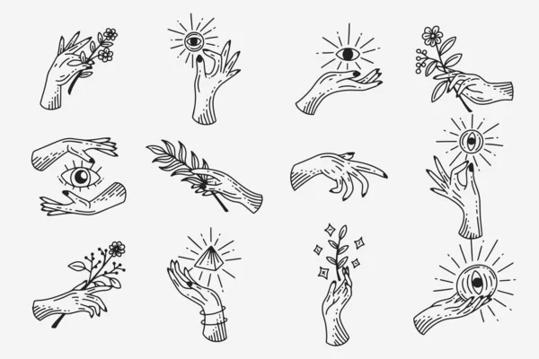 Set Collection Mystical Celestial Dark Holy Simple Minimalism Tattoo Clipart — 스톡 벡터
