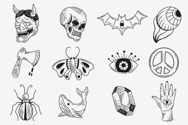 Set Collection Mystical Celestial Dark Holy Simple Minimalism Tattoo Clipart — 图库矢量图片